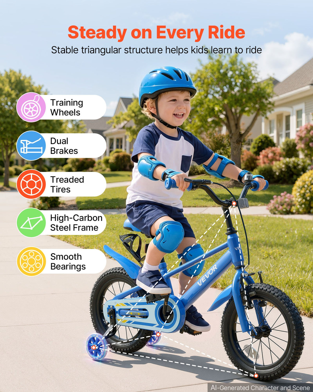 VEVOR Kids Bike, 14 Inch Children Bicycle, Training Wheels BMX Style Blue, for Boys Girls Ages 3-5, Adjustable Seat & Handlebar, Front Brake & Rear Coaster Brake, Cup Holder, High-Carbon Steel Frame - ETZXCSBCC14IQTSNS001V0 - view 3