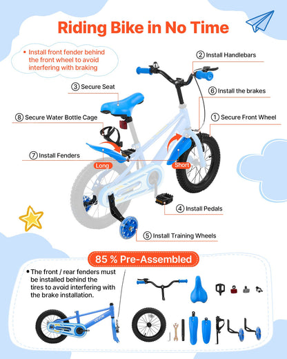 VEVOR Kids Bike, 14 Inch Children Bicycle, Training Wheels BMX Style Blue, for Boys Girls Ages 3-5, Adjustable Seat & Handlebar, Front Brake & Rear Coaster Brake, Cup Holder, High-Carbon Steel Frame - ETZXCSBCC14IQTSNS001V0 - view 8