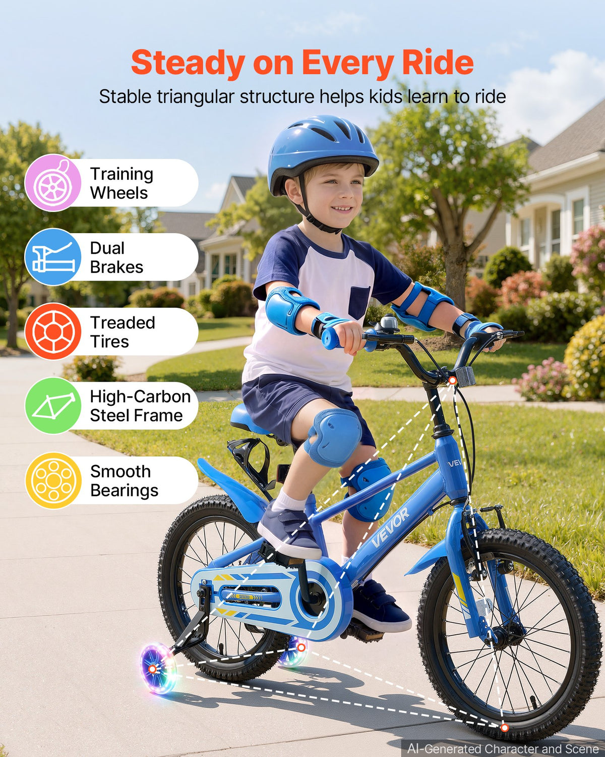 VEVOR Kids Bike, 16 Inch Children Bicycle, Training Wheels BMX Style Blue, for Boys Girls Ages 4-7, Adjustable Seat & Handlebar, Front Brake and Rear Drum Brake, Cup Holder, High-Carbon Steel Frame - ETZXCSBCC16IBRN88001V0 - view 3