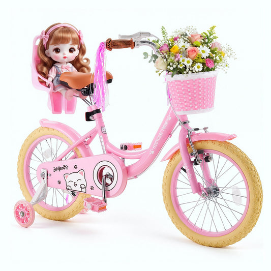 VEVOR Kids Bike, 16 Inch Children Bicycle, Training Wheels Princess Pink, for Girls Ages 4-7, Adjustable Seat, Front Brake and Rear Drum Brake, Front Basket, Doll Seat, High-Carbon Steel Frame - ETZXCSBCC16IT0O32001V0 - view 1