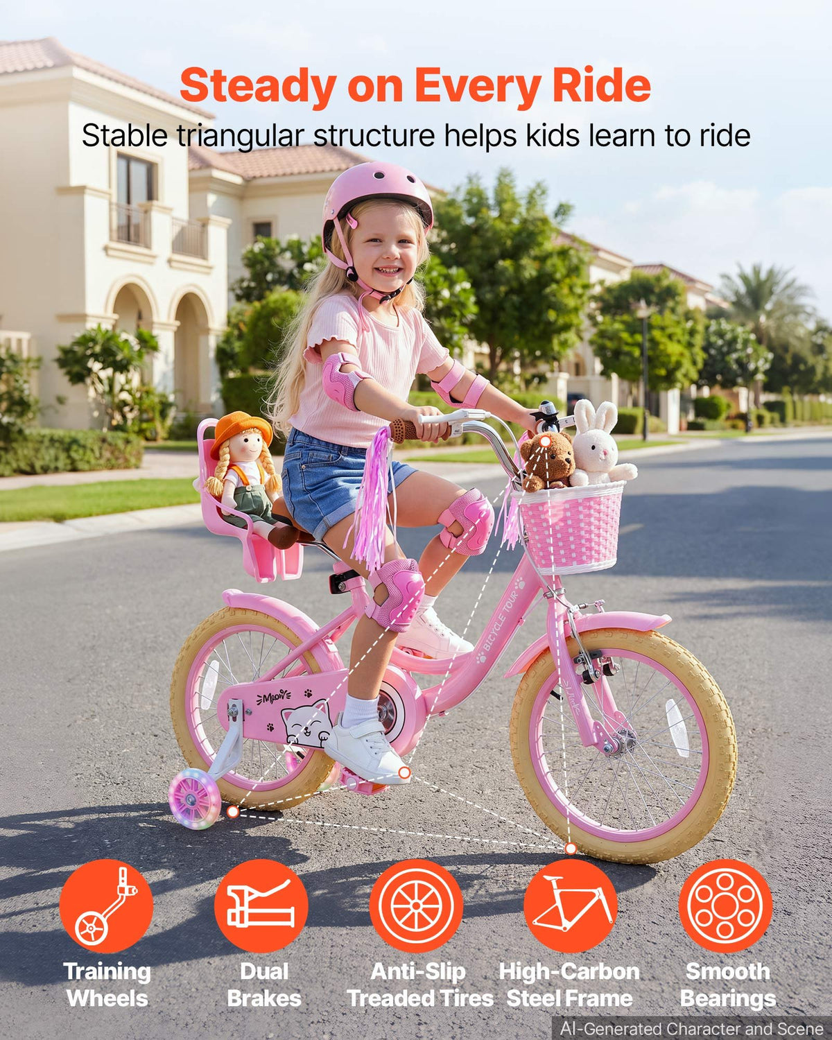 VEVOR Kids Bike, 16 Inch Children Bicycle, Training Wheels Princess Pink, for Girls Ages 4-7, Adjustable Seat, Front Brake and Rear Drum Brake, Front Basket, Doll Seat, High-Carbon Steel Frame - ETZXCSBCC16IT0O32001V0 - view 3