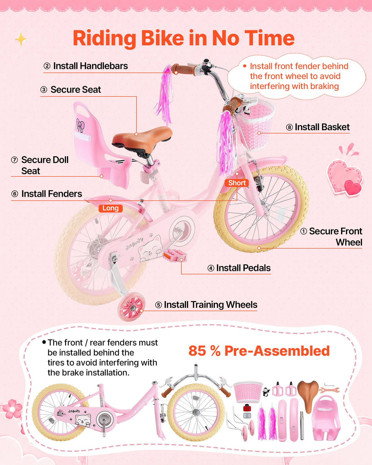VEVOR Kids Bike, 16 Inch Children Bicycle, Training Wheels Princess Pink, for Girls Ages 4-7, Adjustable Seat, Front Brake and Rear Drum Brake, Front Basket, Doll Seat, High-Carbon Steel Frame - ETZXCSBCC16IT0O32001V0 - view 8