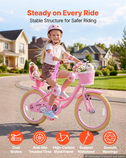 VEVOR Kids Bike, 18 Inch Children Bicycle, Kickstand Princess Style Pink, for Girls Ages 5-8, Adjustable Seat, Front Brake and Rear Drum Brake, Front Basket, Doll Seat, High-Carbon Steel Frame - ETZXCSBCC18I7Y3U1001V0 - view 3