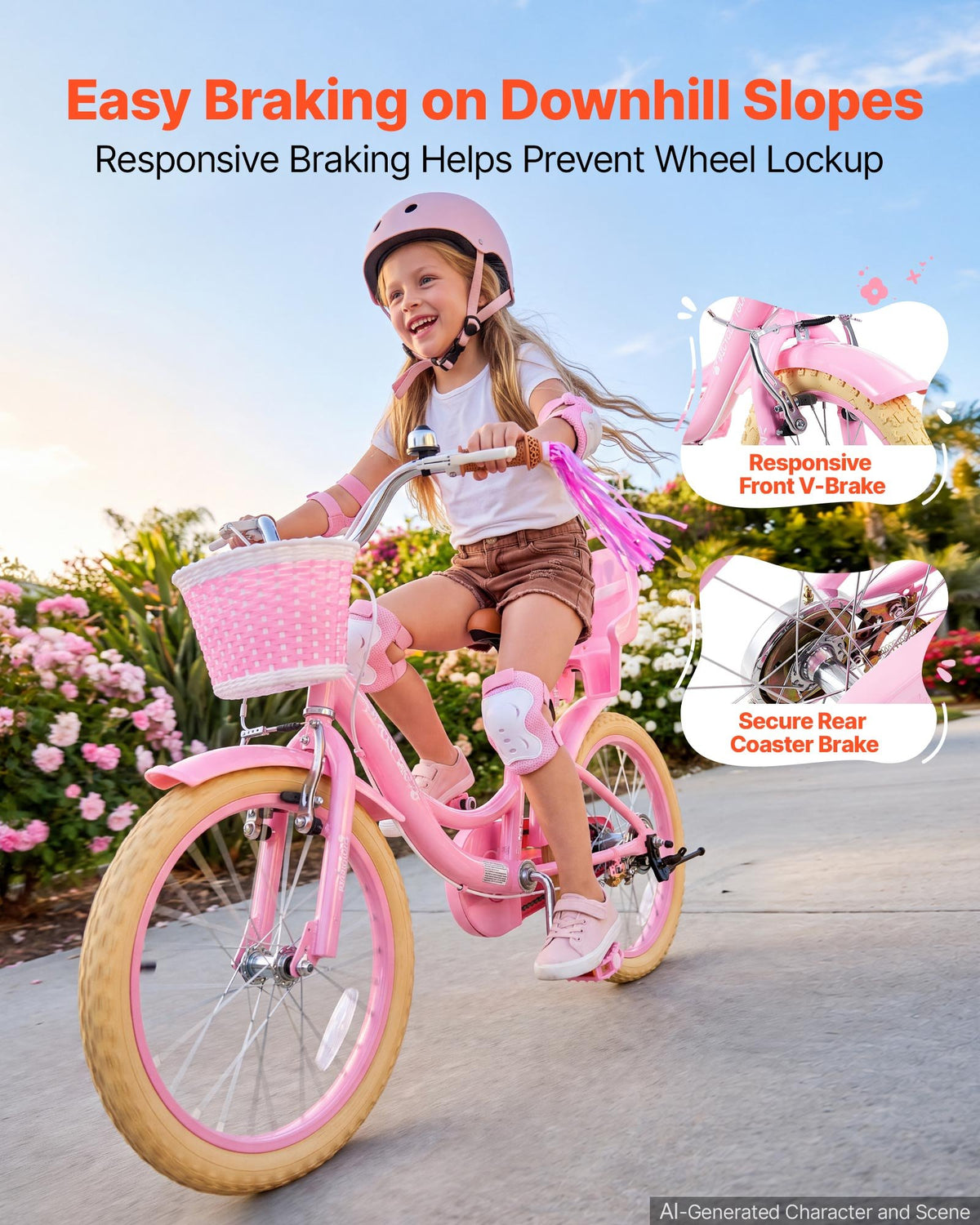 VEVOR Kids Bike, 18 Inch Children Bicycle, Kickstand Princess Style Pink, for Girls Ages 5-8, Adjustable Seat, Front Brake and Rear Drum Brake, Front Basket, Doll Seat, High-Carbon Steel Frame - ETZXCSBCC18I7Y3U1001V0 - view 4