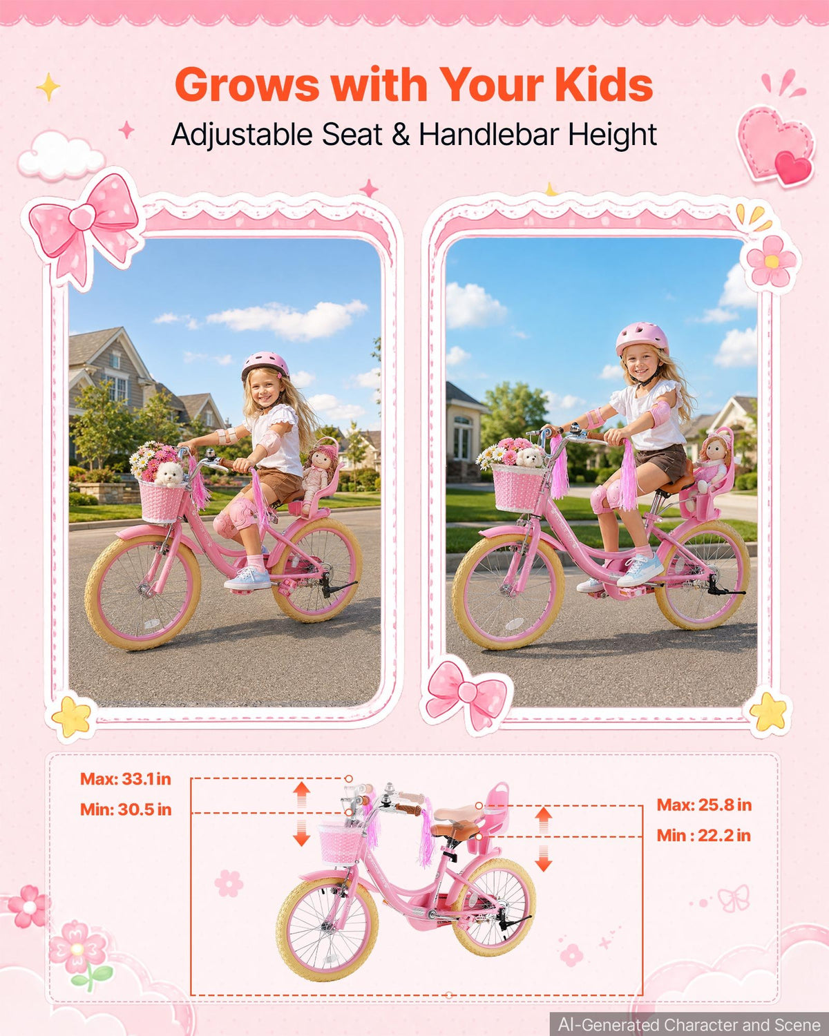 VEVOR Kids Bike, 18 Inch Children Bicycle, Kickstand Princess Style Pink, for Girls Ages 5-8, Adjustable Seat, Front Brake and Rear Drum Brake, Front Basket, Doll Seat, High-Carbon Steel Frame - ETZXCSBCC18I7Y3U1001V0 - view 6