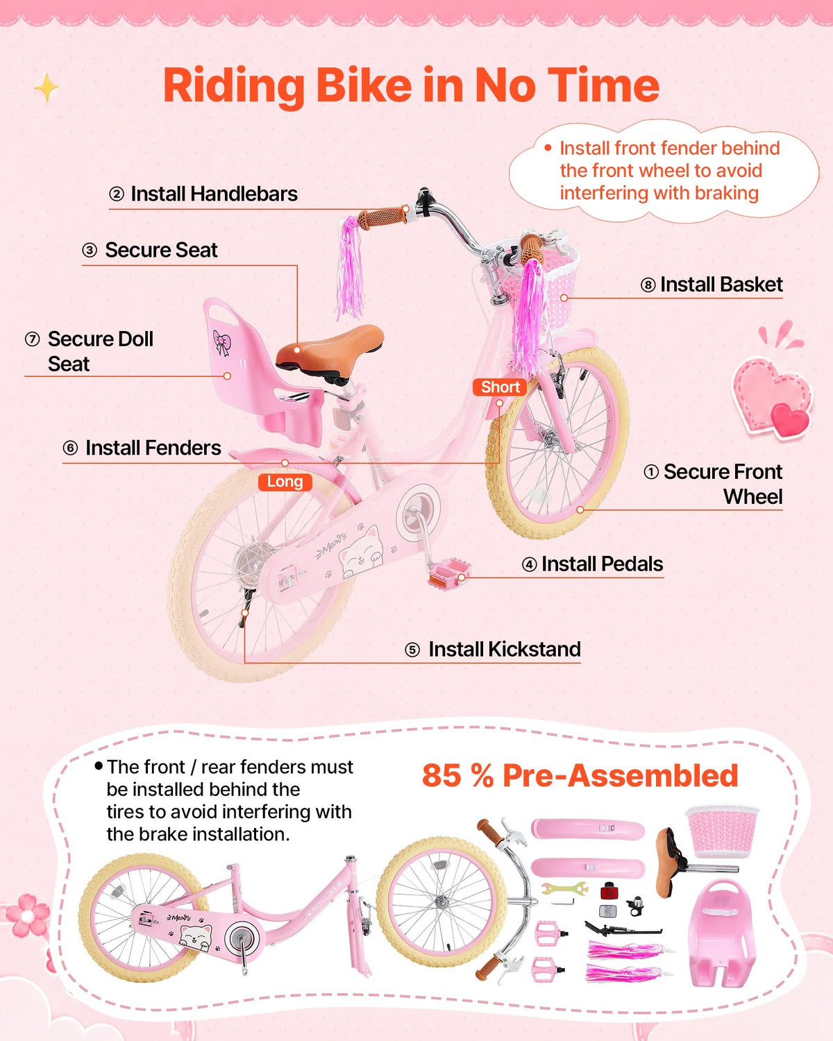 VEVOR Kids Bike, 18 Inch Children Bicycle, Kickstand Princess Style Pink, for Girls Ages 5-8, Adjustable Seat, Front Brake and Rear Drum Brake, Front Basket, Doll Seat, High-Carbon Steel Frame - ETZXCSBCC18I7Y3U1001V0 - view 8