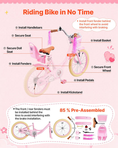 VEVOR Kids Bike, 18 Inch Children Bicycle, Kickstand Princess Style Pink, for Girls Ages 5-8, Adjustable Seat, Front Brake and Rear Drum Brake, Front Basket, Doll Seat, High-Carbon Steel Frame - ETZXCSBCC18I7Y3U1001V0 - view 8