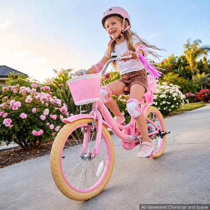 VEVOR Kids Bike, 18 Inch Children Bicycle, Kickstand Princess Style Pink, for Girls Ages 5-8, Adjustable Seat, Front Brake and Rear Drum Brake, Front Basket, Doll Seat, High-Carbon Steel Frame - ETZXCSBCC18I7Y3U1001V0 - view 9
