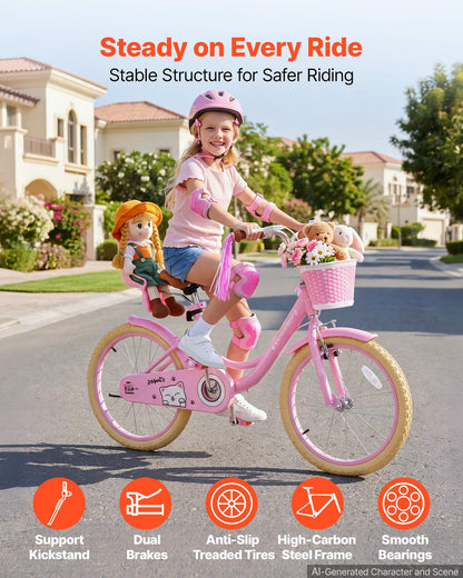 VEVOR Kids Bike, 20 in Children Bicycle, Kickstand Princess Style Pink, for Girls Ages 7-13, Adjustable Seat, Front Brake and Rear Drum Brake, Front Basket, Doll Seat, High-Carbon Steel Frame - ETZXCSBCC20I8BPUY001V0 - view 3