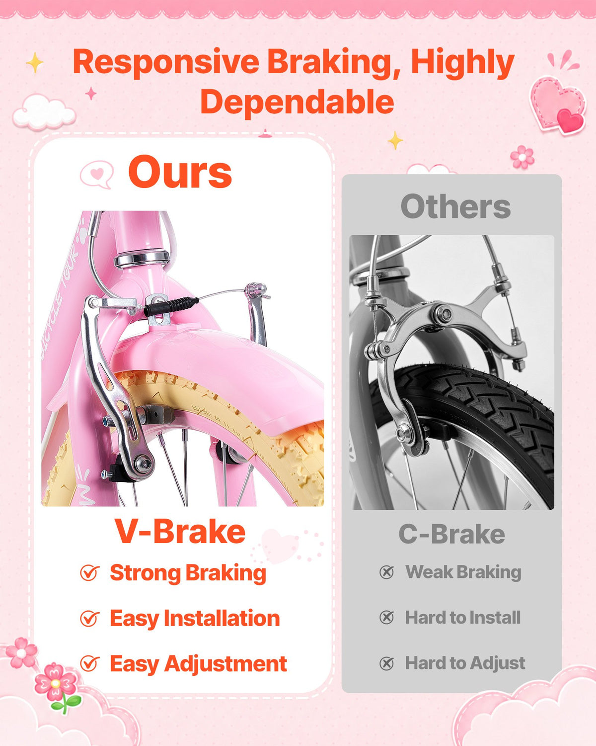 VEVOR Kids Bike, 20 in Children Bicycle, Kickstand Princess Style Pink, for Girls Ages 7-13, Adjustable Seat, Front Brake and Rear Drum Brake, Front Basket, Doll Seat, High-Carbon Steel Frame - ETZXCSBCC20I8BPUY001V0 - view 5