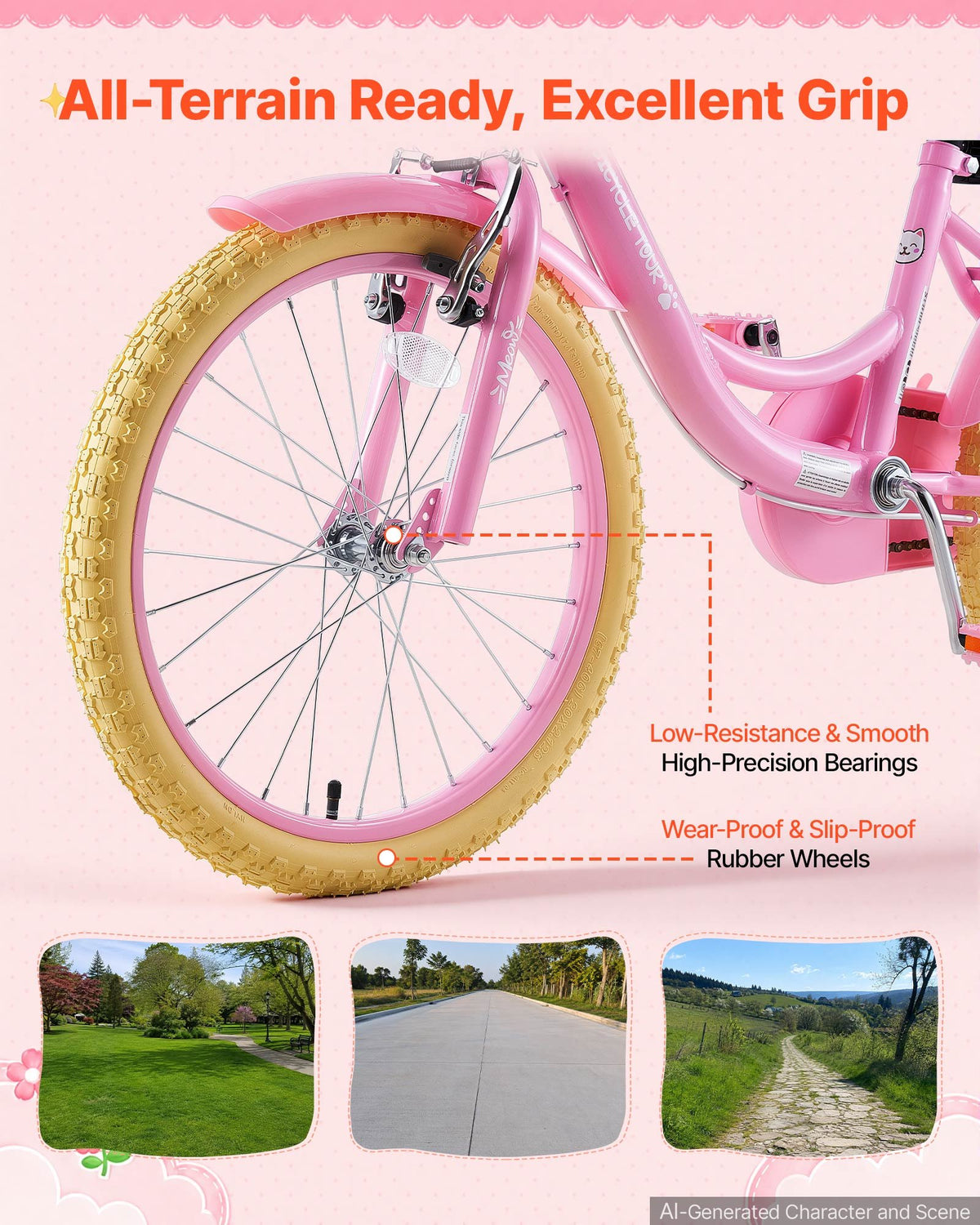 VEVOR Kids Bike, 20 in Children Bicycle, Kickstand Princess Style Pink, for Girls Ages 7-13, Adjustable Seat, Front Brake and Rear Drum Brake, Front Basket, Doll Seat, High-Carbon Steel Frame - ETZXCSBCC20I8BPUY001V0 - view 7