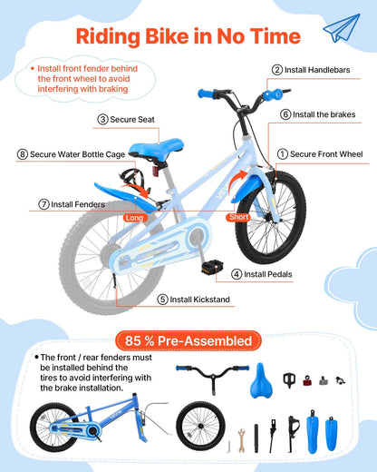 VEVOR Kids Bike, 20 in Children Bicycle, with Kickstand BMX Style Blue, for Boys Girls Ages 7-13, Adjustable Seat & Handlebar, Front Brake and Rear Drum Brake, Cup Holder, High-Carbon Steel Frame - ETZXCSBCC20IL1CRM001V0 - view 8