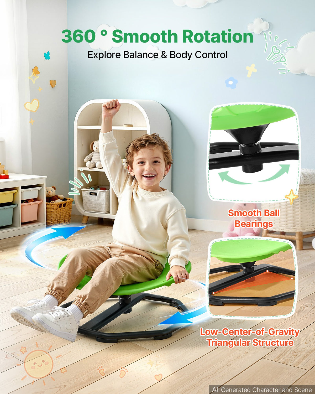 VEVOR Spinning Chair for Autistic Kids Ages 2-6 Autism Sensory Toy 110 LBS, Sensory Swivel Seat Products for Children ADHD, Training Body Coordination Balance, 16.9" L x 14" W, Rounded Shape, Green - ETZYCLSYXJSYOOKS8001V0 - view 3