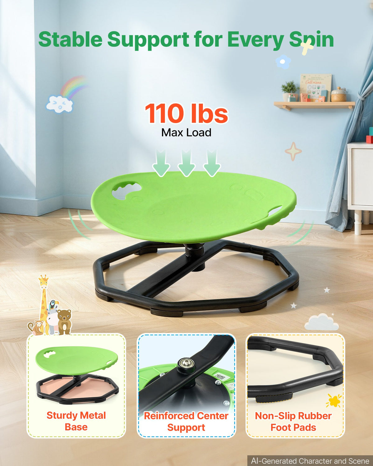 VEVOR Spinning Chair for Autistic Kids Ages 2-6 Autism Sensory Toy 110 LBS, Sensory Swivel Seat Products for Children ADHD, Training Body Coordination Balance, 16.9" L x 14" W, Rounded Shape, Green - ETZYCLSYXJSYOOKS8001V0 - view 4