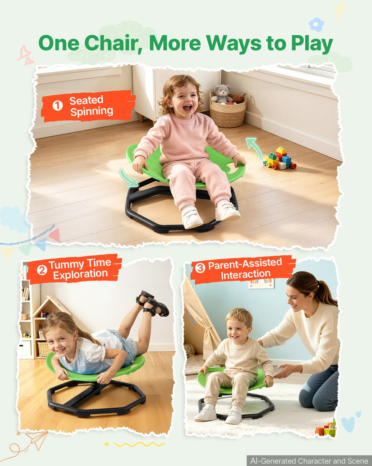 VEVOR Spinning Chair for Autistic Kids Ages 2-6 Autism Sensory Toy 110 LBS, Sensory Swivel Seat Products for Children ADHD, Training Body Coordination Balance, 16.9" L x 14" W, Rounded Shape, Green - ETZYCLSYXJSYOOKS8001V0 - view 5