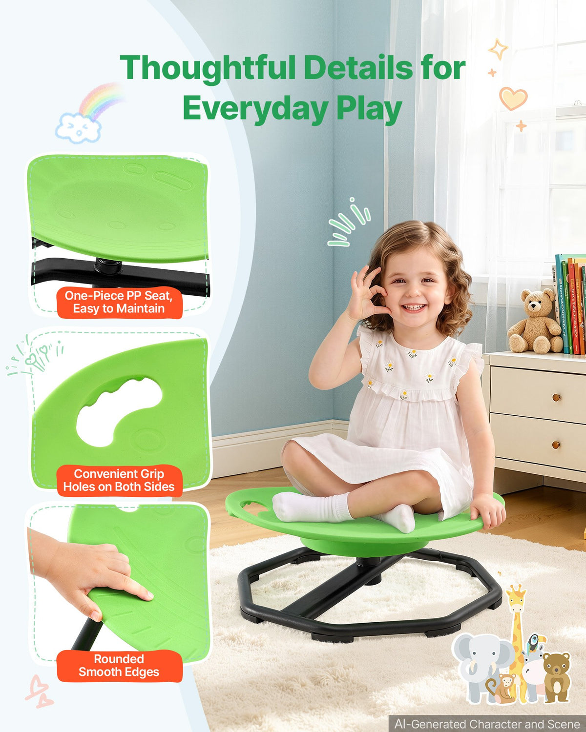 VEVOR Spinning Chair for Autistic Kids Ages 2-6 Autism Sensory Toy 110 LBS, Sensory Swivel Seat Products for Children ADHD, Training Body Coordination Balance, 16.9" L x 14" W, Rounded Shape, Green - ETZYCLSYXJSYOOKS8001V0 - view 6