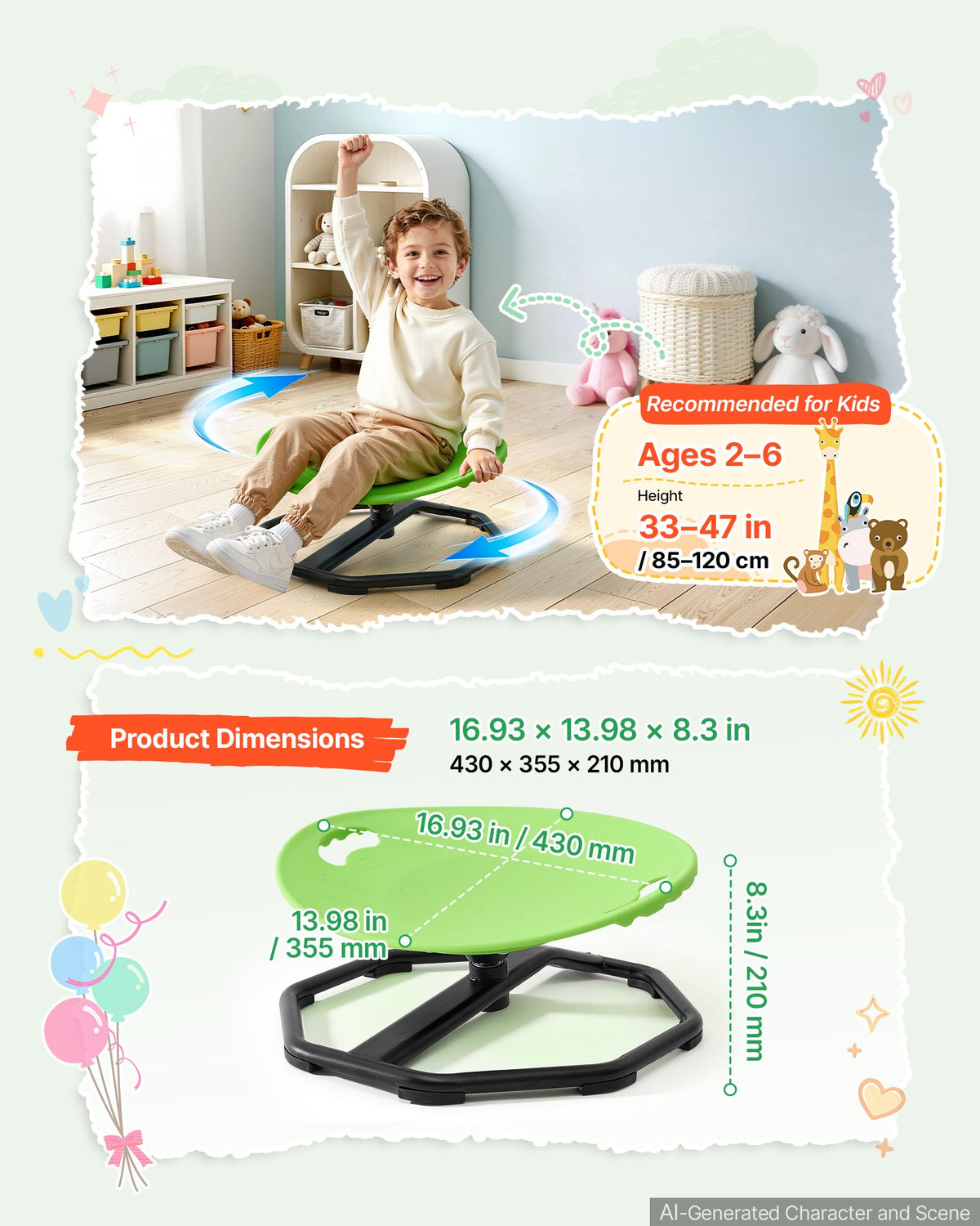 VEVOR Spinning Chair for Autistic Kids Ages 2-6 Autism Sensory Toy 110 LBS, Sensory Swivel Seat Products for Children ADHD, Training Body Coordination Balance, 16.9" L x 14" W, Rounded Shape, Green - ETZYCLSYXJSYOOKS8001V0 - view 7