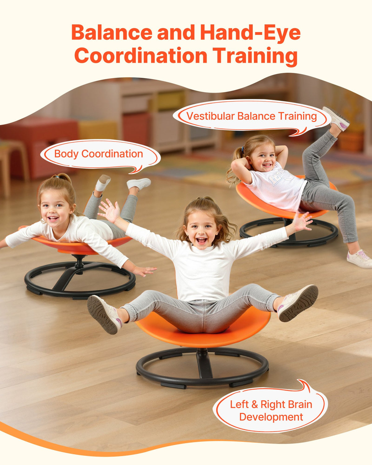 VEVOR Kids Swivel Chair, 220 lbs Capacity, Sensory Spinning Chair, Autistic Kids Sensory Toy Seat with Non-Slip Metal Base, Round Shape Toddler Sit & Spin Seat for Coordination Balance Focus, Orange - ETZYCSYXJS6BIGAUL001V0 - view 4