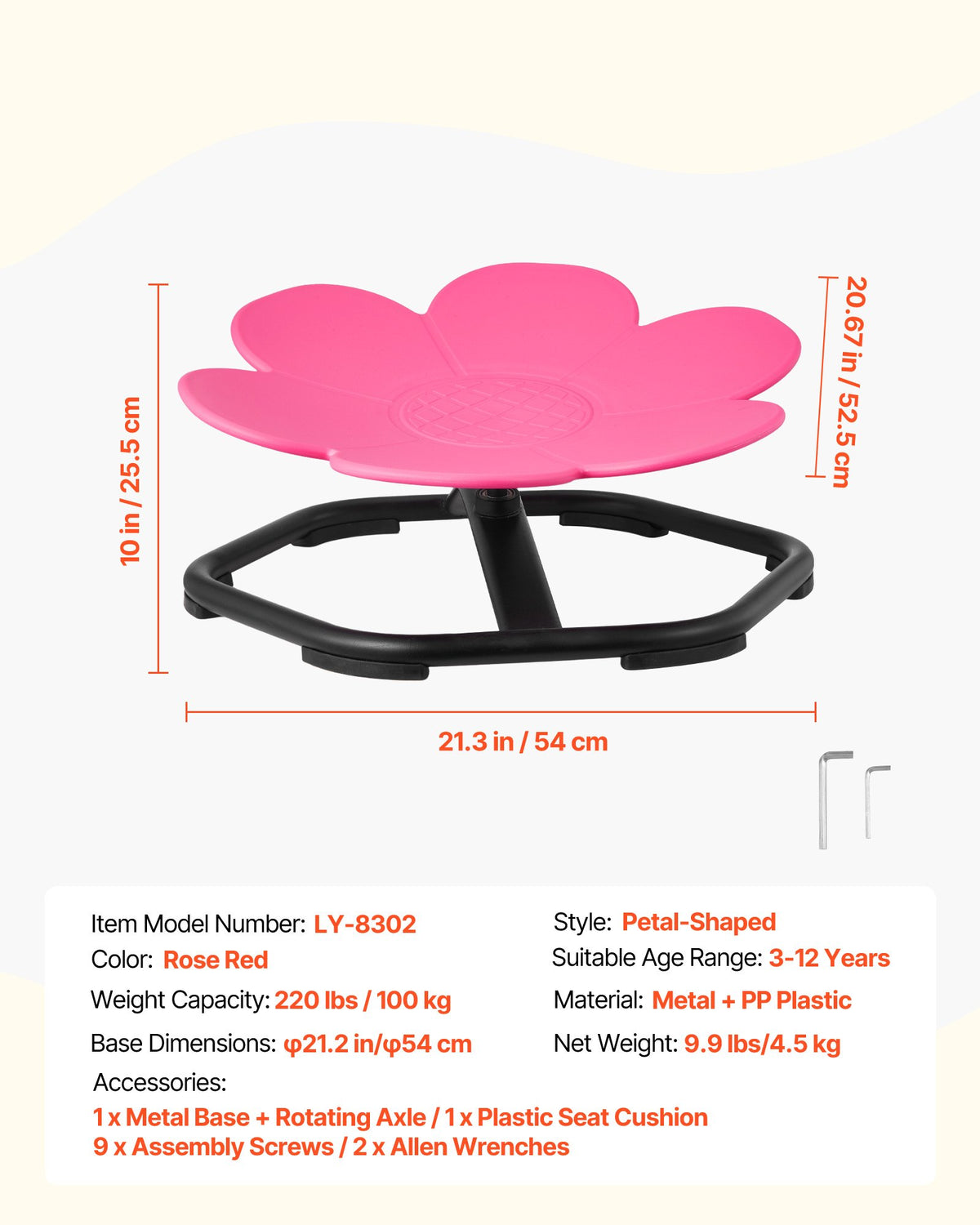 VEVOR Kids Swivel Chair, 220 lbs Capacity, Flower Shape Sensory Spinning Chair, Autistic Kids Sensory Toy Seat with Non-Slip Metal Base, Toddler Sit & Spin Seat for Coordination Balance Focus, Rose - ETZYHSHBKJS6LP3GY001V0 - view 8