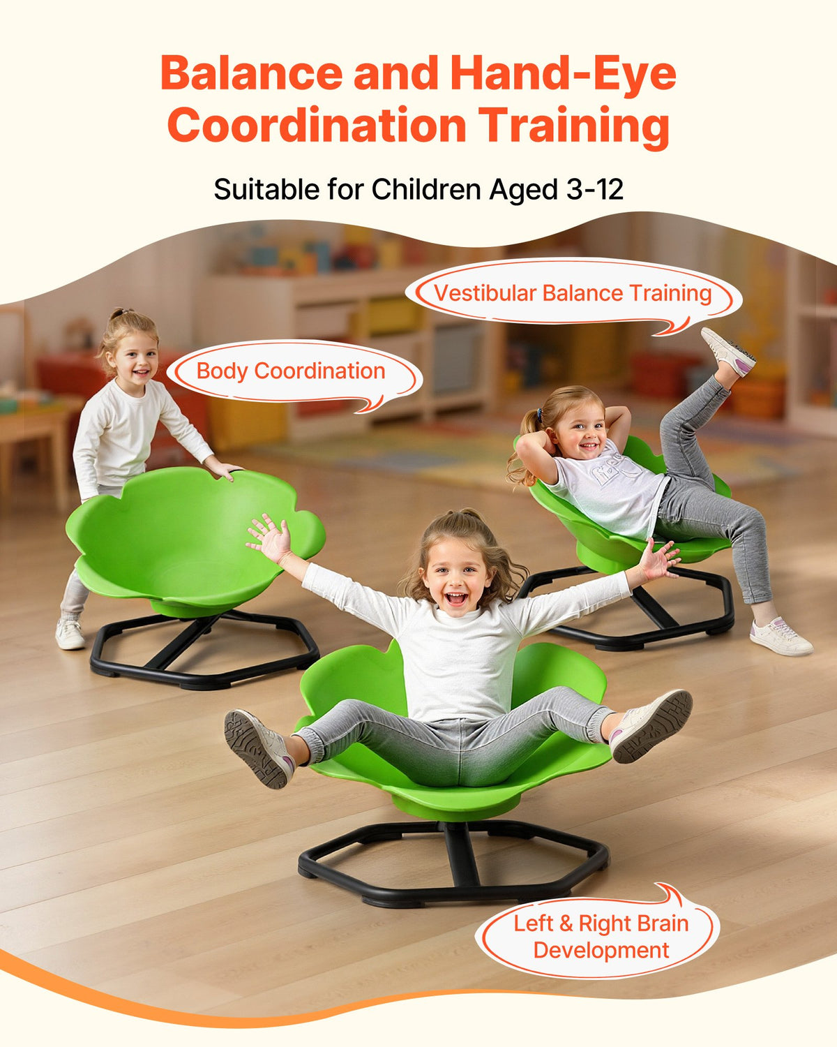 VEVOR Kids Swivel Chair, 220 lbs Capacity, Cylinder Shape Sensory Spinning Chair, Autistic Kids Sensory Toy Seat with Non-Slip Metal Base, Toddler Sit & Spin Seat for Coordination Balance Focus, Green - ETZYLSGTKJS668NMK001V0 - view 4