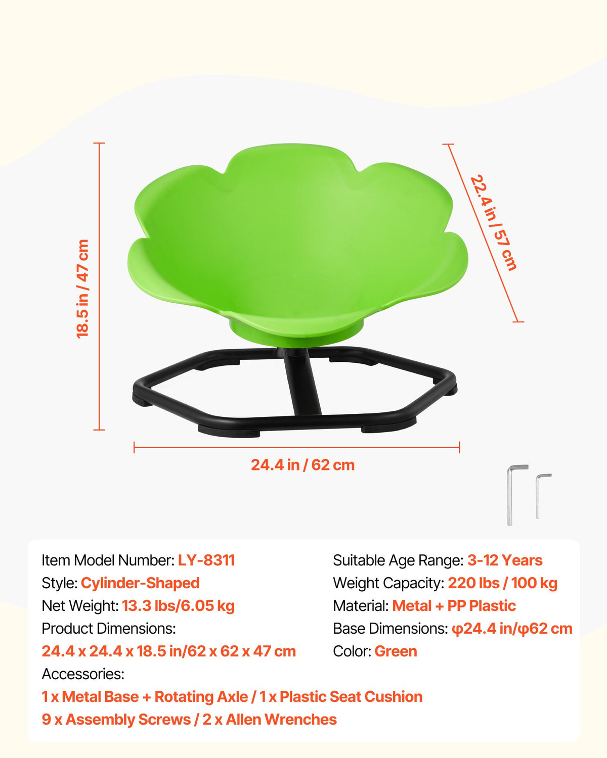VEVOR Kids Swivel Chair, 220 lbs Capacity, Cylinder Shape Sensory Spinning Chair, Autistic Kids Sensory Toy Seat with Non-Slip Metal Base, Toddler Sit & Spin Seat for Coordination Balance Focus, Green - ETZYLSGTKJS668NMK001V0 - view 8