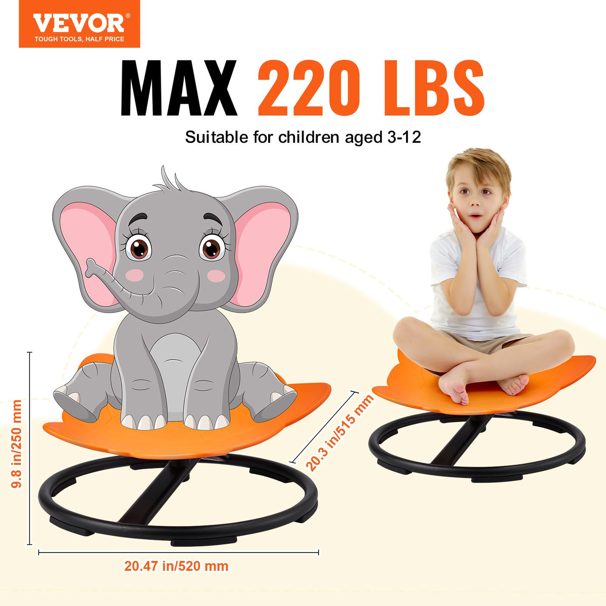 VEVOR Elephant Kids Swivel Chair, 220 LBS Capacity, 360° Spinning Chair, Autistic Kids Sensory Toy Chair with Non-Slip Metal Base, Toddler Sit and Spin Chair for Coordination Balance Focus Orange - ETZYYXCS100KQ8D4JV0 - view 3
