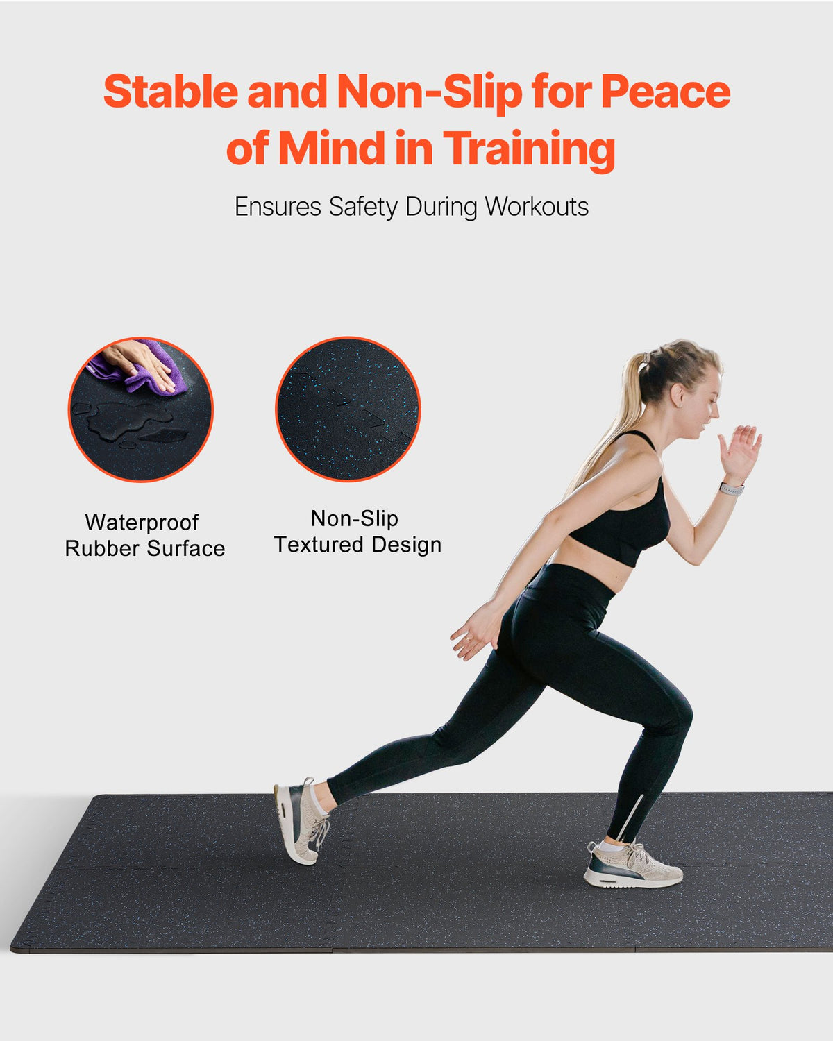 VEVOR 0.56 Inch Thick Gym Floor Mats, 12 Tiles Rubber Top with EVA Foam, 25" x 25" Gym Flooring Workout Mats with 48 sq.ft Coverage, Interlocking Puzzle Gym Mats for Gym, Home, Garage, Black & Blue - EVAQXJSHSDZX789TRV0 - view 5