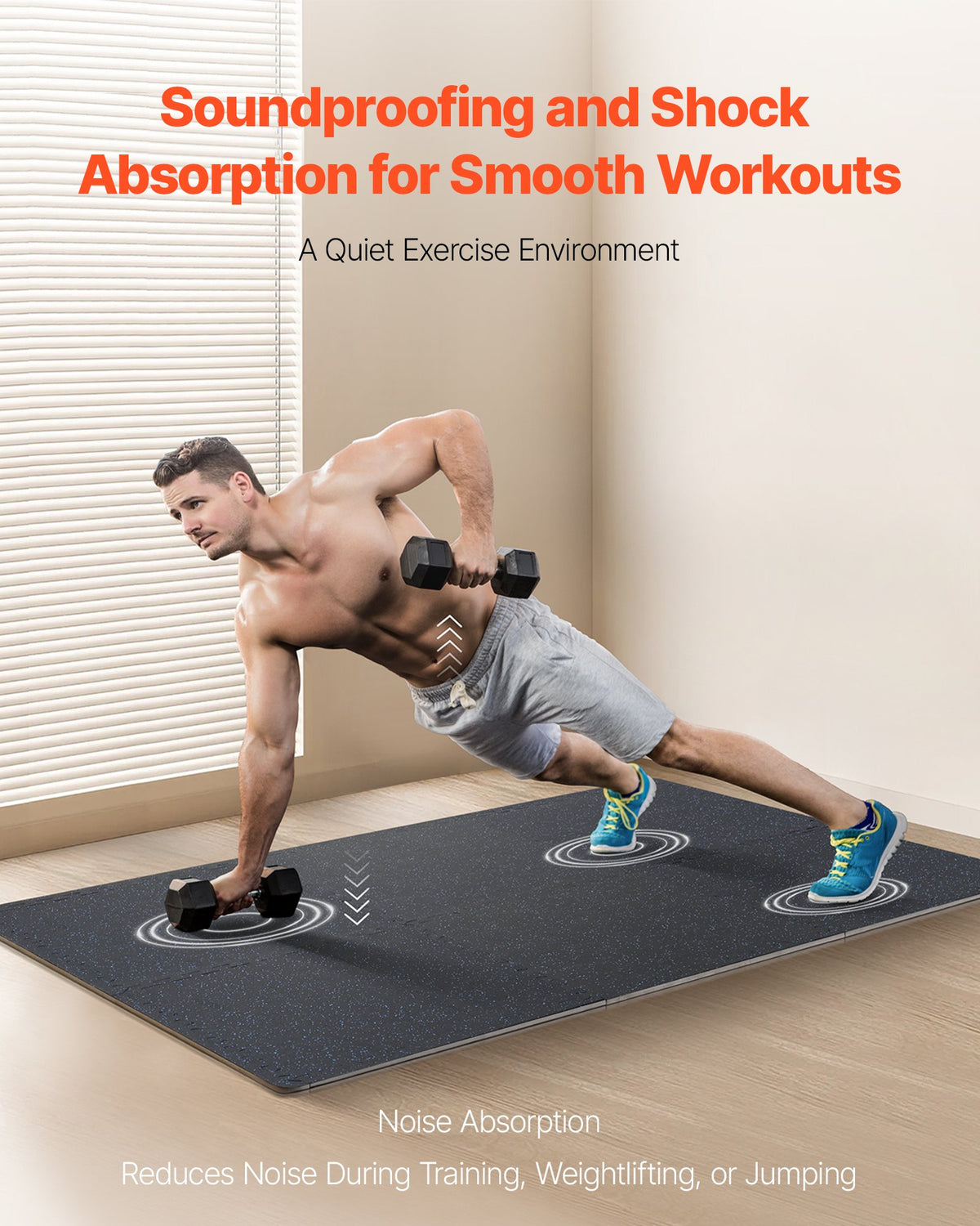 VEVOR 0.56 Inch Thick Gym Floor Mats, 12 Tiles Rubber Top with EVA Foam, 25" x 25" Gym Flooring Workout Mats with 48 sq.ft Coverage, Interlocking Puzzle Gym Mats for Gym, Home, Garage, Black & Blue - EVAQXJSHSDZX789TRV0 - view 6