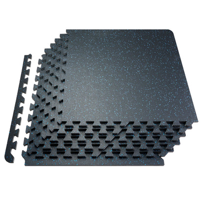 VEVOR black and blue interlocking gym mats, 6 tiles, rubber top with EVA foam base
