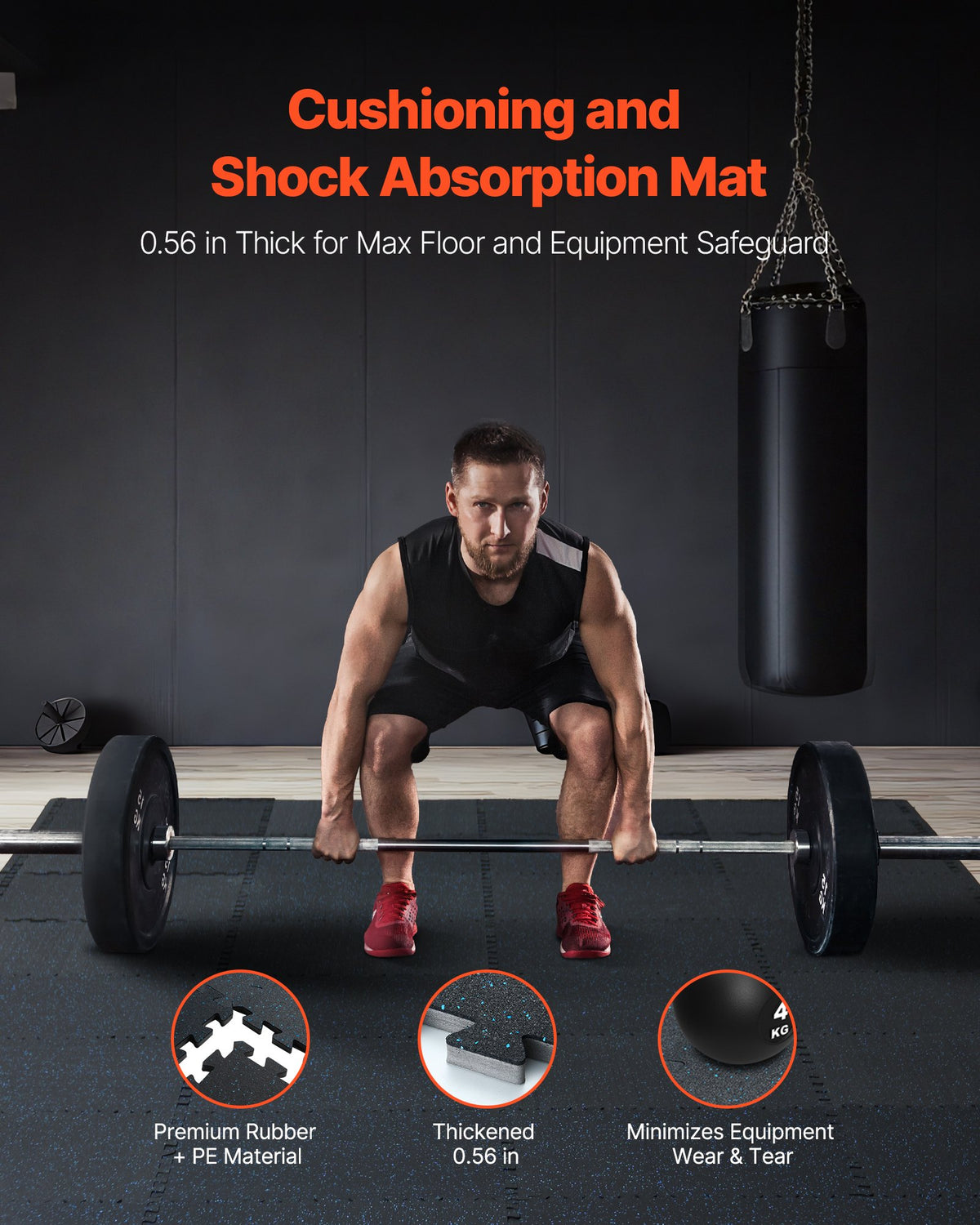 VEVOR black and blue interlocking gym mats, 6 tiles, rubber top with EVA foam base