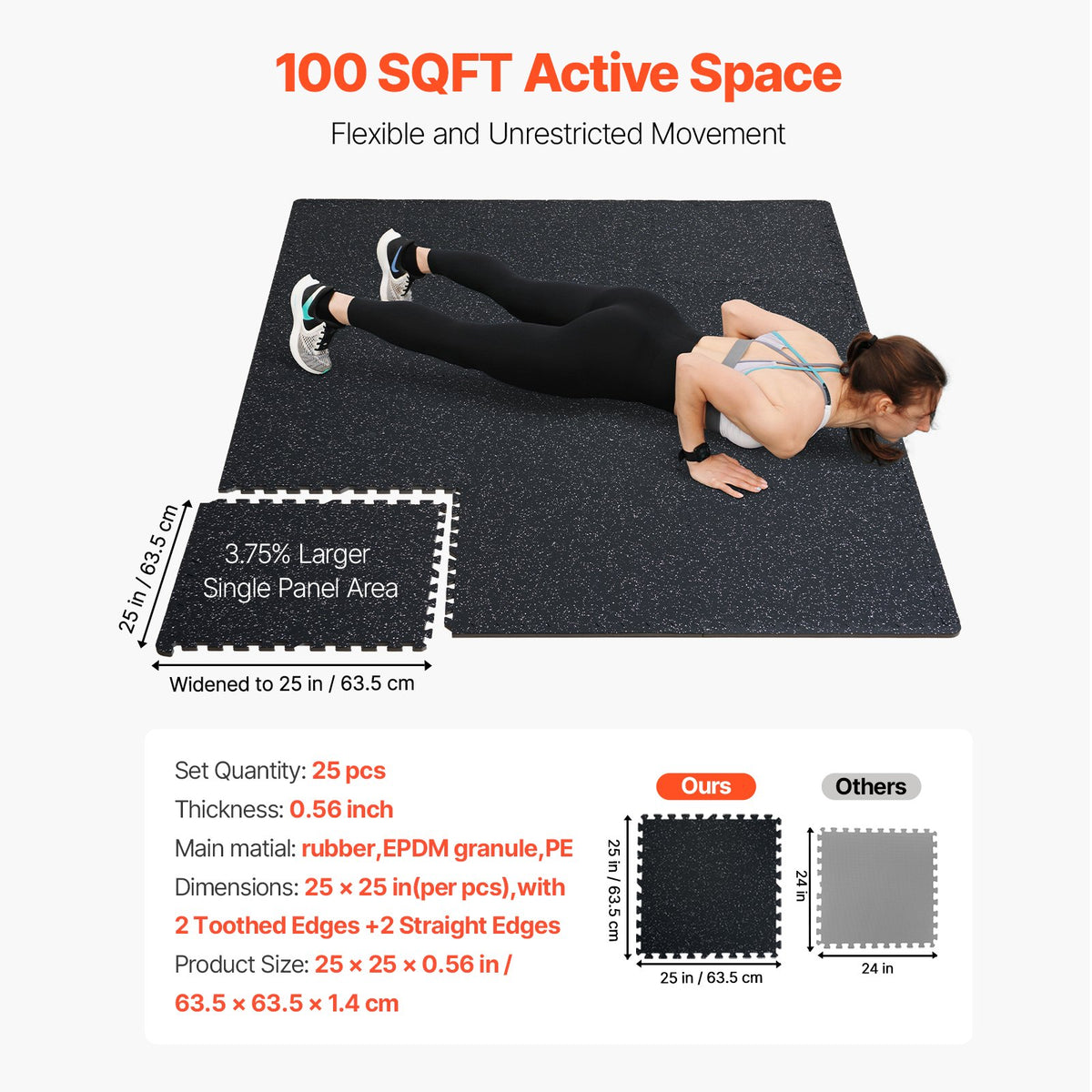 VEVOR 0.56 Inch Thick Gym Floor Mats, 25 Tiles Rubber Top with EVA Foam, 25" x 25" Gym Flooring Workout Mats with 100sq.ft Coverage, Interlocking Puzzle Gym Mats for Gym, Home, Garage, Black & White - EVAQXJSHSDZXOXDELV0 - view 9