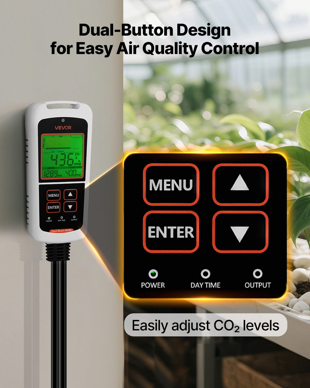 VEVOR Carbon Dioxide Monitoring Controller, Dual Outlets CO2 Monitor & Controller, Carbon Dioxide Sensor Day and Night Detection Feature, NDIR CO2 Sensor for Greenhouse, Laboratories, Classrooms, Home - EYHTJCKZQEYHX9347001V1 - view 7