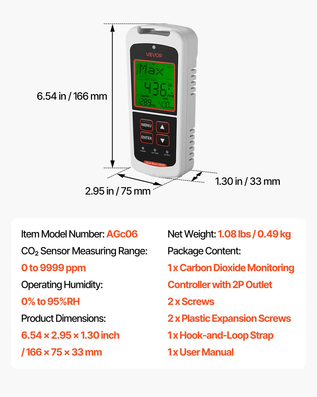 VEVOR Carbon Dioxide Monitoring Controller, Dual Outlets CO2 Monitor & Controller, Carbon Dioxide Sensor Day and Night Detection Feature, NDIR CO2 Sensor for Greenhouse, Laboratories, Classrooms, Home - EYHTJCKZQEYHX9347001V1 - view 8