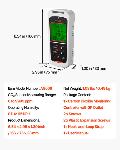 VEVOR Carbon Dioxide Monitoring Controller, Dual Outlets CO2 Monitor & Controller, Carbon Dioxide Sensor Day and Night Detection Feature, NDIR CO2 Sensor for Greenhouse, Laboratories, Classrooms, Home - EYHTJCKZQEYHX9347001V1 - view 8