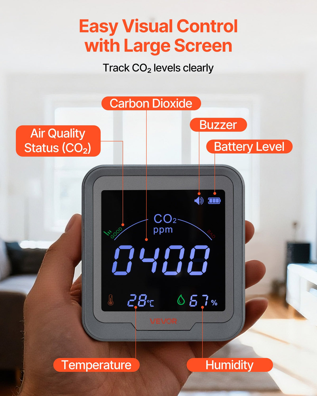 VEVOR Carbon Dioxide Monitor, CO2 Controller with Temperature and Humidity Display, NDIR Sensor, Carbon Dioxide Detector for Bedside, Home, Office, Car, Lightweight & Portable - EYHTJCQEYHTJ6E2DT001V9 - view 7