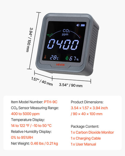 VEVOR Carbon Dioxide Monitor, CO2 Controller with Temperature and Humidity Display, NDIR Sensor, Carbon Dioxide Detector for Bedside, Home, Office, Car, Lightweight & Portable - EYHTJCQEYHTJ6E2DT001V9 - view 8