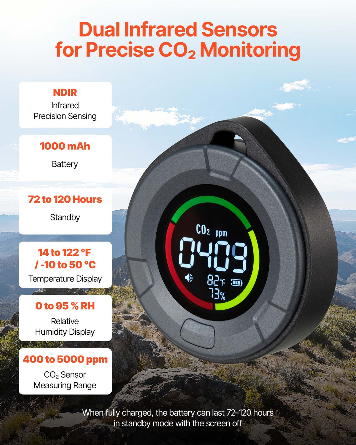VEVOR Carbon Dioxide Monitor, CO2 Controller with Temperature and Humidity Display, NDIR Sensor Carbon Dioxide Detector, for Outdoors, Home, Office, Car, Lightweight & Portable - EYHTJCQEYHTJ84JIU001V9 - view 3