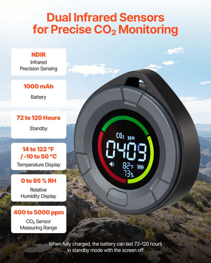 VEVOR Carbon Dioxide Monitor, CO2 Controller with Temperature and Humidity Display, NDIR Sensor Carbon Dioxide Detector, for Outdoors, Home, Office, Car, Lightweight & Portable - EYHTJCQEYHTJ84JIU001V9 - view 3