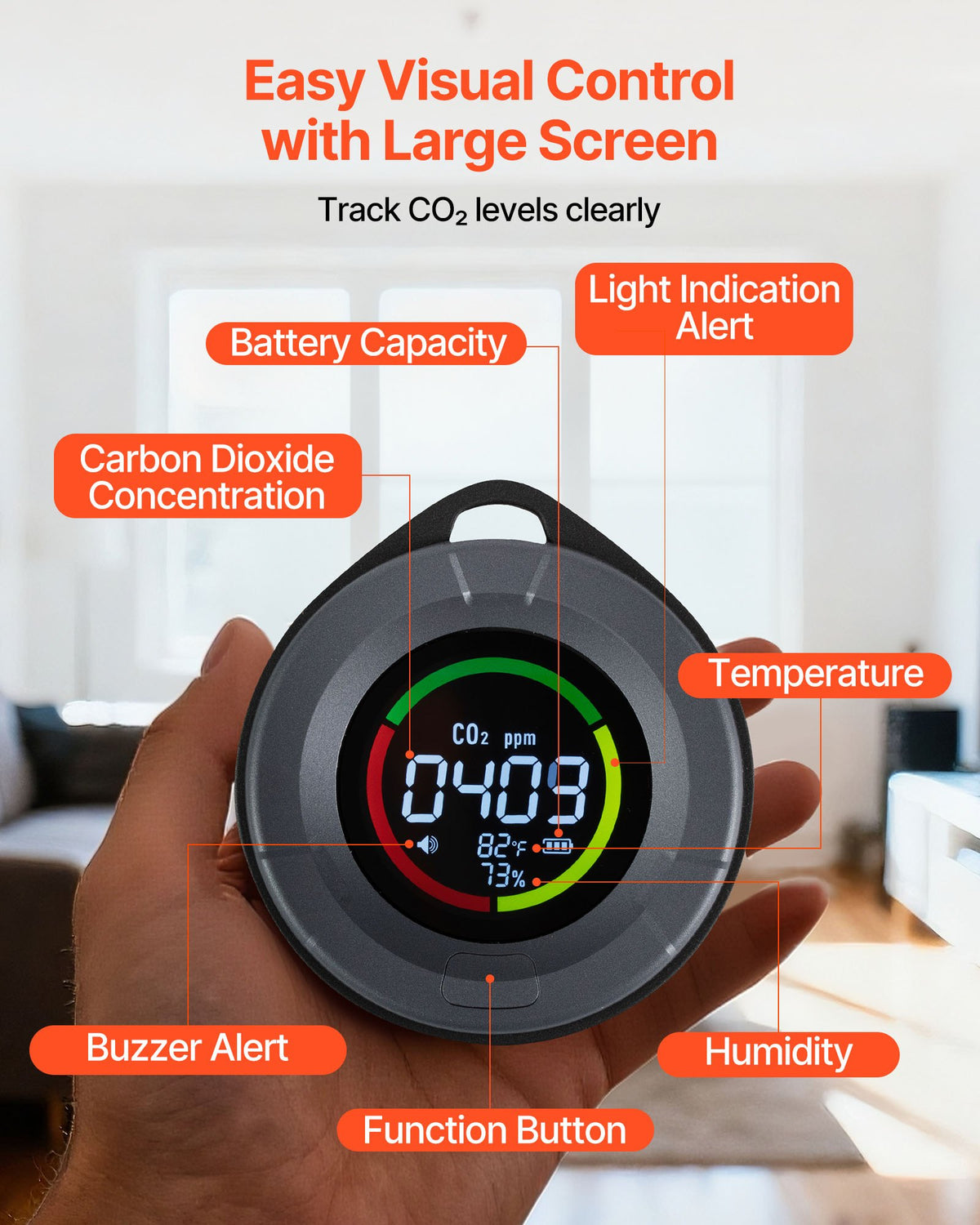 VEVOR Carbon Dioxide Monitor, CO2 Controller with Temperature and Humidity Display, NDIR Sensor Carbon Dioxide Detector, for Outdoors, Home, Office, Car, Lightweight & Portable - EYHTJCQEYHTJ84JIU001V9 - view 7