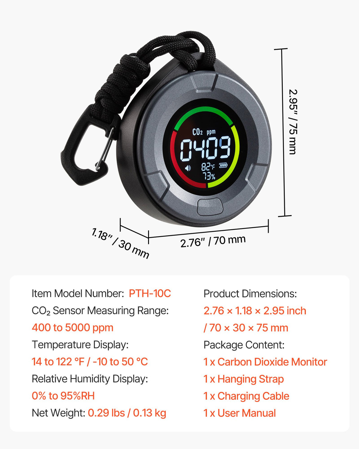 VEVOR Carbon Dioxide Monitor, CO2 Controller with Temperature and Humidity Display, NDIR Sensor Carbon Dioxide Detector, for Outdoors, Home, Office, Car, Lightweight & Portable - EYHTJCQEYHTJ84JIU001V9 - view 8