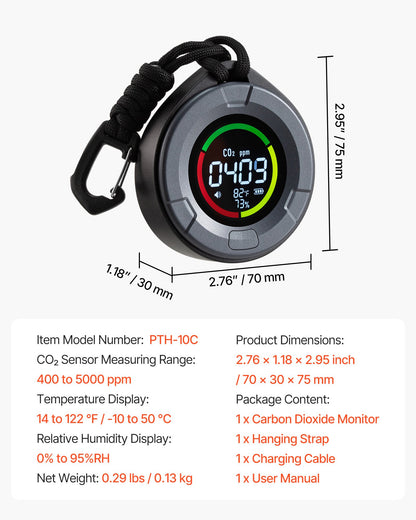 VEVOR Carbon Dioxide Monitor, CO2 Controller with Temperature and Humidity Display, NDIR Sensor Carbon Dioxide Detector, for Outdoors, Home, Office, Car, Lightweight & Portable - EYHTJCQEYHTJ84JIU001V9 - view 8