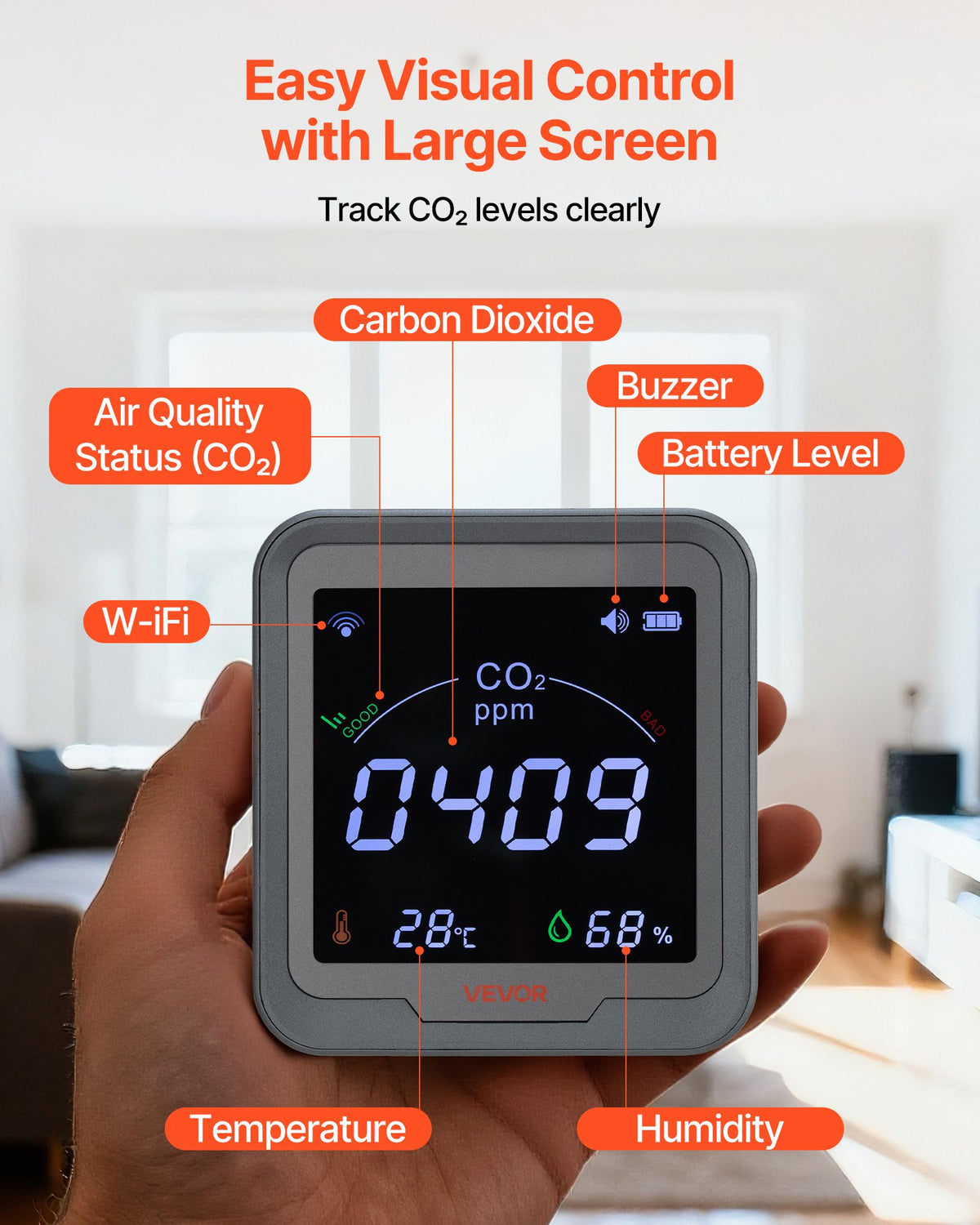 VEVOR Carbon Dioxide Monitor, CO2 Controller with Temperature and Humidity Display, NDIR Sensor Carbon Dioxide Detector, for Outdoors, Home, Office, Car, Wall-Mounted Use - EYHTJCQEYHTJP8ME5001V9 - view 8