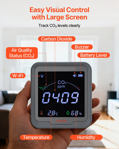 VEVOR Carbon Dioxide Monitor, CO2 Controller with Temperature and Humidity Display, NDIR Sensor Carbon Dioxide Detector, for Outdoors, Home, Office, Car, Wall-Mounted Use - EYHTJCQEYHTJP8ME5001V9 - view 8