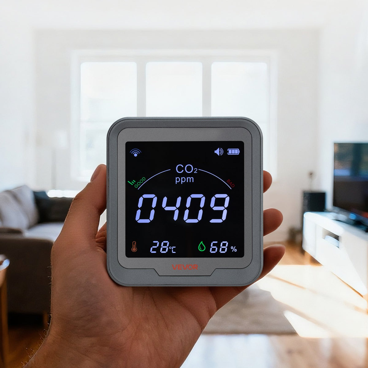 VEVOR Carbon Dioxide Monitor, CO2 Controller with Temperature and Humidity Display, NDIR Sensor Carbon Dioxide Detector, for Outdoors, Home, Office, Car, Wall-Mounted Use - EYHTJCQEYHTJP8ME5001V9 - view 9
