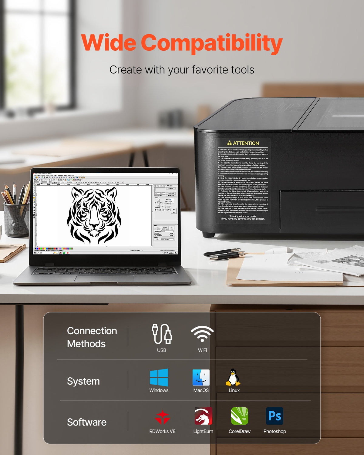 VEVOR 55W CO2 Laser Engraver, 20 x 12 in, Desktop CO2 Laser Engraver and Cutter Machine with 16MP Camera, Water Pump, Rotary Axis, Compatible with LightBurn CorelDRAW RDWorks, for Wood Acrylic Glass - EYHTJGDKJTMS2IMFX001V1 - view 6