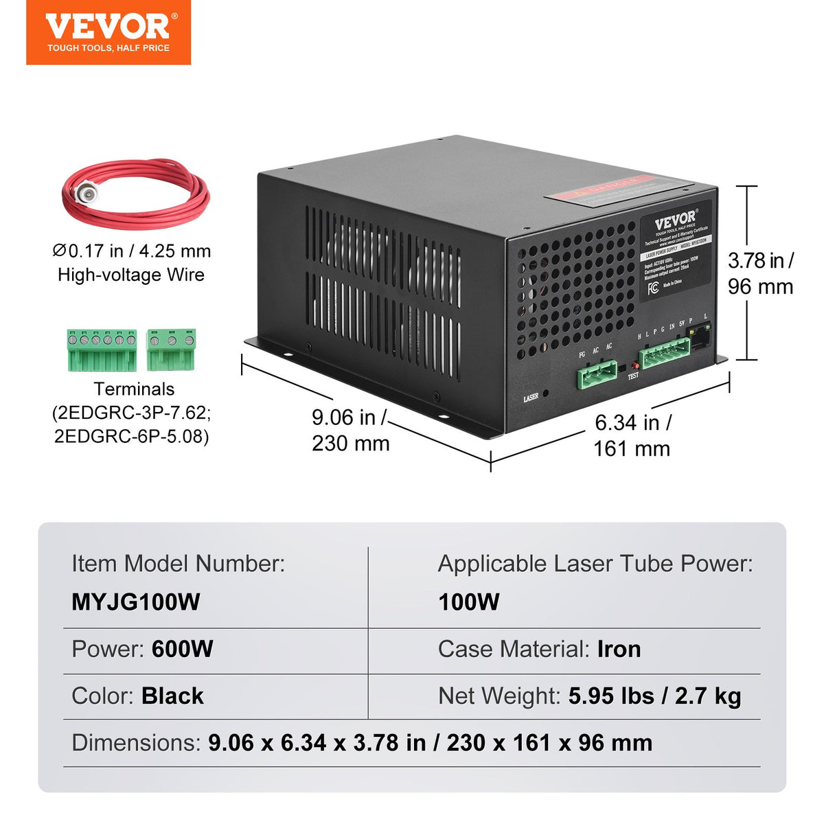 VEVOR CO2 Laser Power Supply, 100W, Power Supply for 100W Laser Tube, Constant Current Protection, Open Circuit Protection, Fast Heat Dissipation, Compatible for Multi-brand Laser Engravers & Cutters - EYHTJGGDY10099T4PV6 - view 8