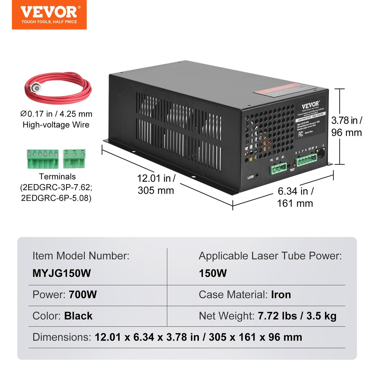 VEVOR CO2 Laser Power Supply, 150W, Power Supply for 150W Laser Tube, Constant Current Protection, Open Circuit Protection, Fast Heat Dissipation, Compatible for Multi-brand Laser Engravers & Cutters - EYHTJGGDY150JHD46V6 - view 8