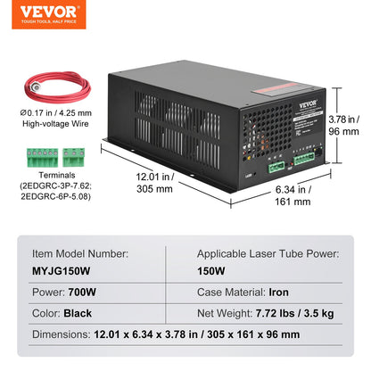 VEVOR CO2 Laser Power Supply, 150W, Power Supply for 150W Laser Tube, Constant Current Protection, Open Circuit Protection, Fast Heat Dissipation, Compatible for Multi-brand Laser Engravers & Cutters - EYHTJGGDY150JHD46V6 - view 8