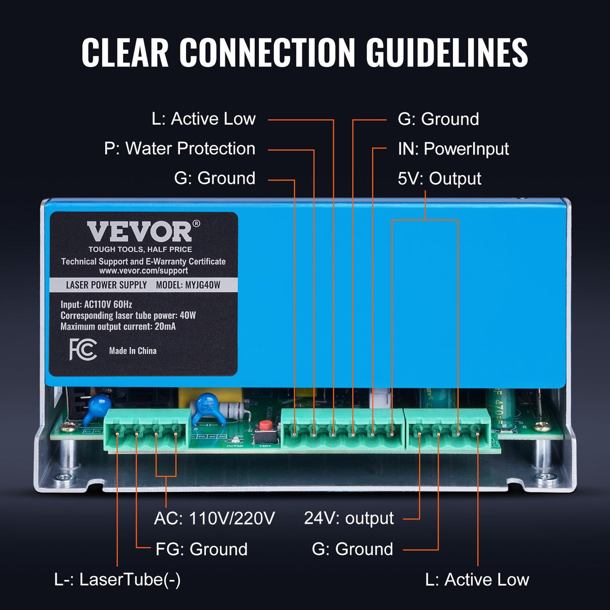 VEVOR CO2 Laser Power Supply, 40W, Power Supply for 40W Laser Tube, Constant Current Protection, Open Circuit Protection, Fast Heat Dissipation, Compatible for Multi-brand Laser Engravers & Cutters - EYHTJGGDY40WSEOSUV6 - view 4