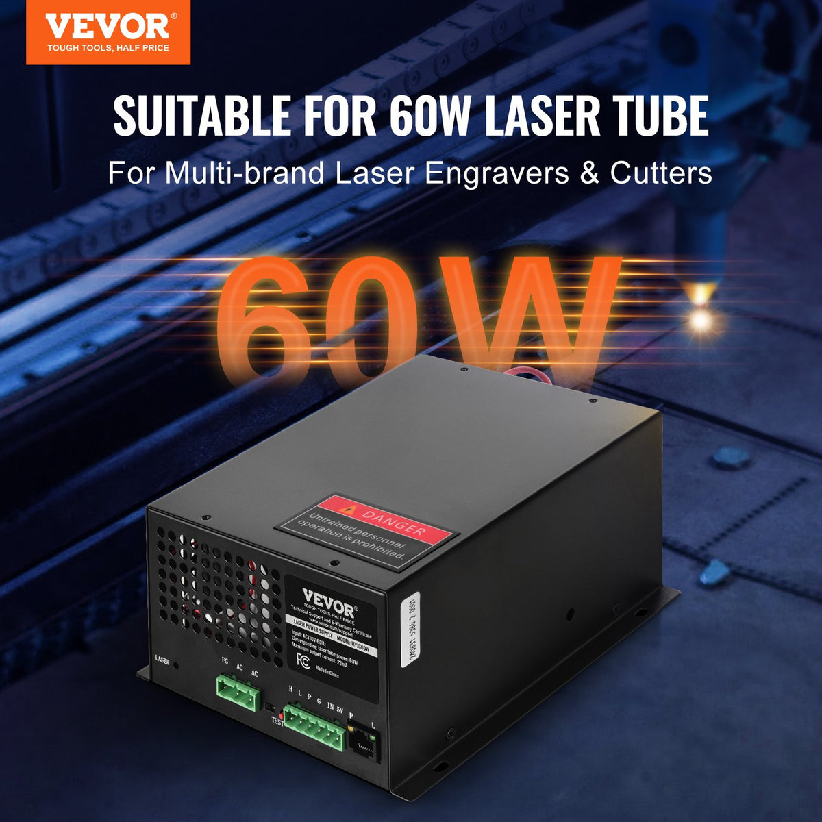 VEVOR CO2 Laser Power Supply, 60W, Power Supply for 60W Laser Tube, Constant Current Protection, Open Circuit Protection, Fast Heat Dissipation, Compatible for Multi-brand Laser Engravers & Cutters - EYHTJGGDY60W1SK33V6 - view 3